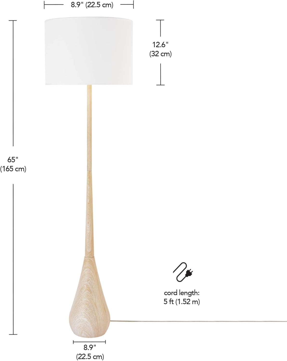GLOBE Electric 52112 65" Floor Lamp, Faux Wood Finish, White Cotton Shade, Japandi Style, E26 Base, Modern Bedroom and Living Room Lighting