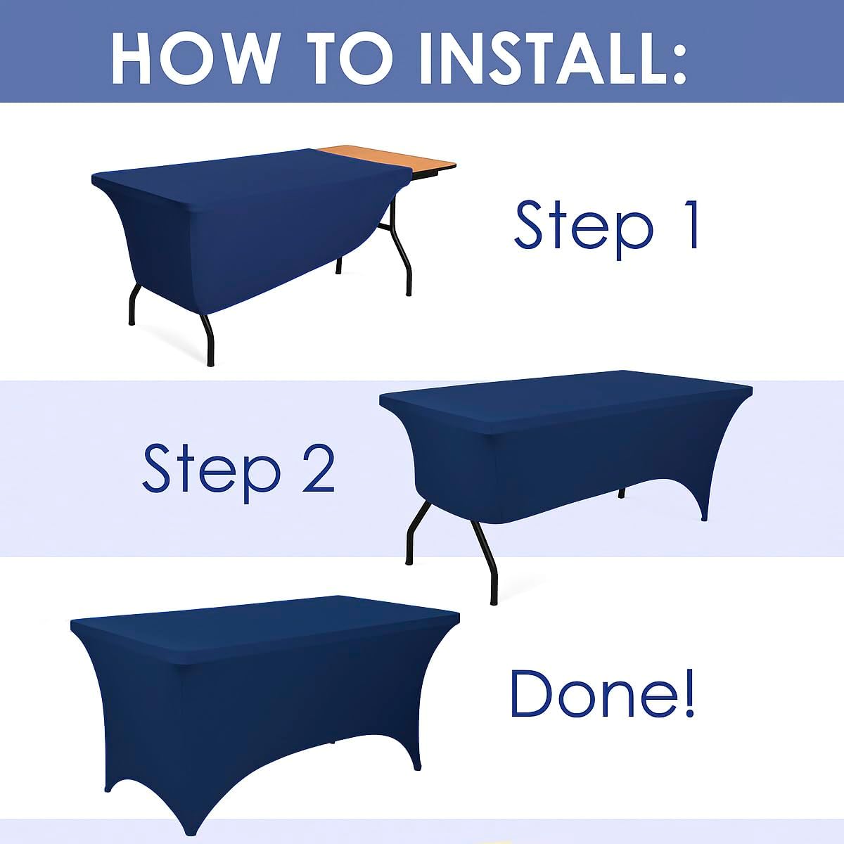 Craft And Party 2 Pack 6ft Navy Blue Spandex Tablecloth – Fitted Stretch Cover – Universal Fit for Folding Tables – Wrinkle-Free, Washable – Ideal for Parties, Weddings, Events