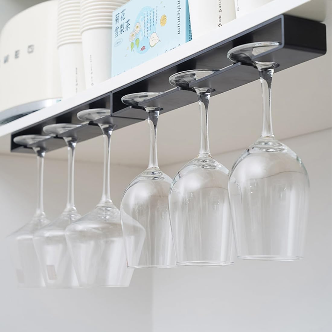 2Pack Wine Glass Holder Under Cabinet Shelf,Plastic Wine Glass Rack Stemware Drying Storage Hanger for Kitchen,Bar and Restaurant(Black)