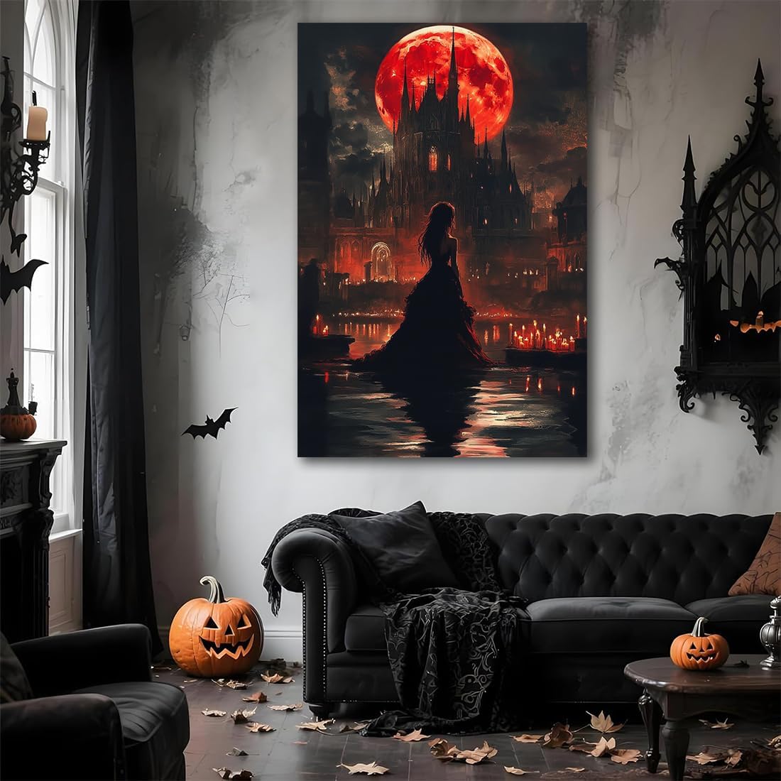Halloween Witch Poster Canvas Prints Art Vintage Decor,Red Castle Blood Moon and Witch Scene Gothic Painting,Rustic Dark Academia Wall Art for Bathroom Spooky Living Room Wall Decor,24"x36" Framed