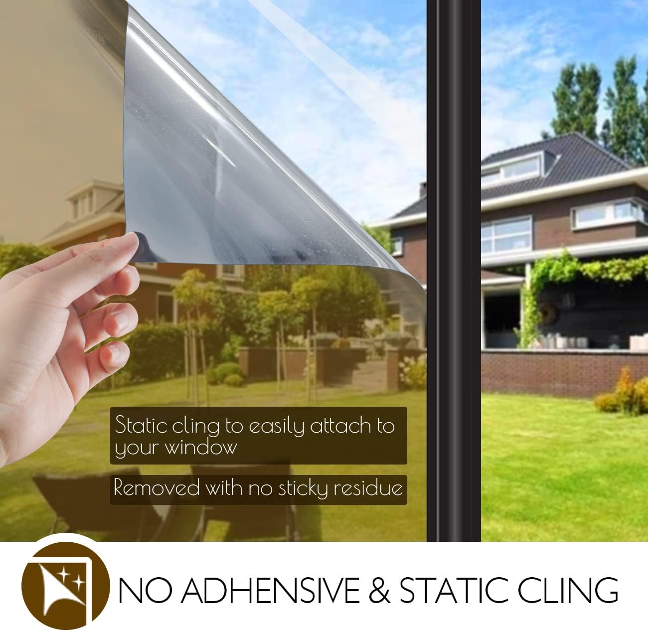 HIDBEA One Way Privacy Window Film, Daytime Mirror Reflective Heat Control UV Sun Blocking Non-Adhesive Static Cling Window Tint for Home and Office (Brown-Silver, 35.4 Inch x 32.8 Feet)