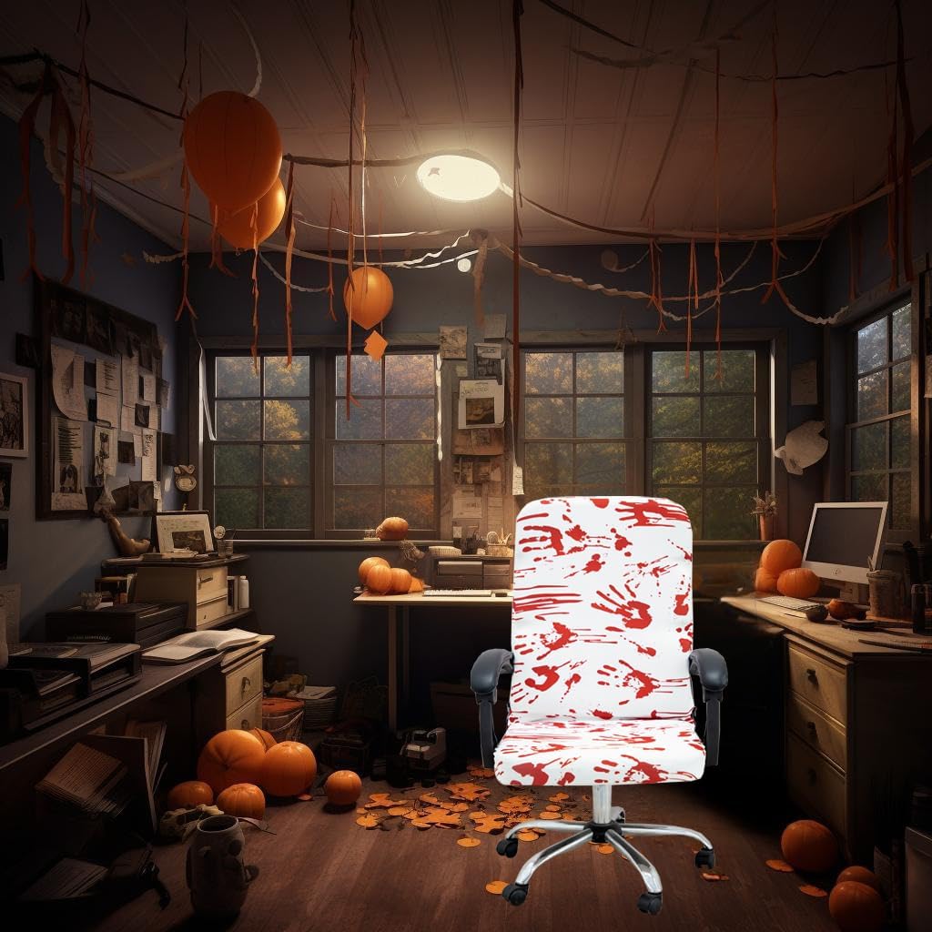 Halloween Office Chair Covers - Horror Bloody Handprints Footprints on White - Stretchable Slipcover for Modern Simplism Style High Back Boss Chair - Machine Washable - Size M