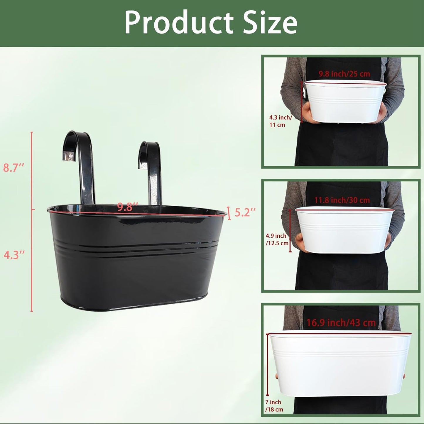 2 Pack Metal Hanging Planter for Outdoor Plants, 10 Inch Black Fence Planters Railing Pots for Garden Patio Balcony Decor, Flower Bucket with Detachable Hooks (Black, 2Pcs)