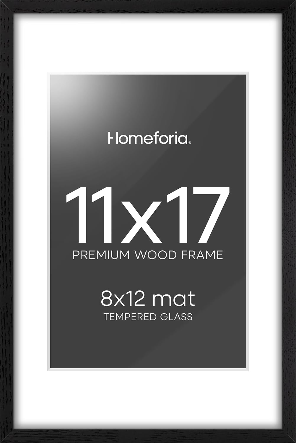 Homeforia 11x17 Picture Frame Black Wood, High End Oak 11x17 Poster Frames with Mat 8x12, 11 x 17 Wooden Frame Matted to 8 x 12 inch Photo, 17x11 Thin Hanging Frame, Tempered Glass, Wall Kit, Set of 1