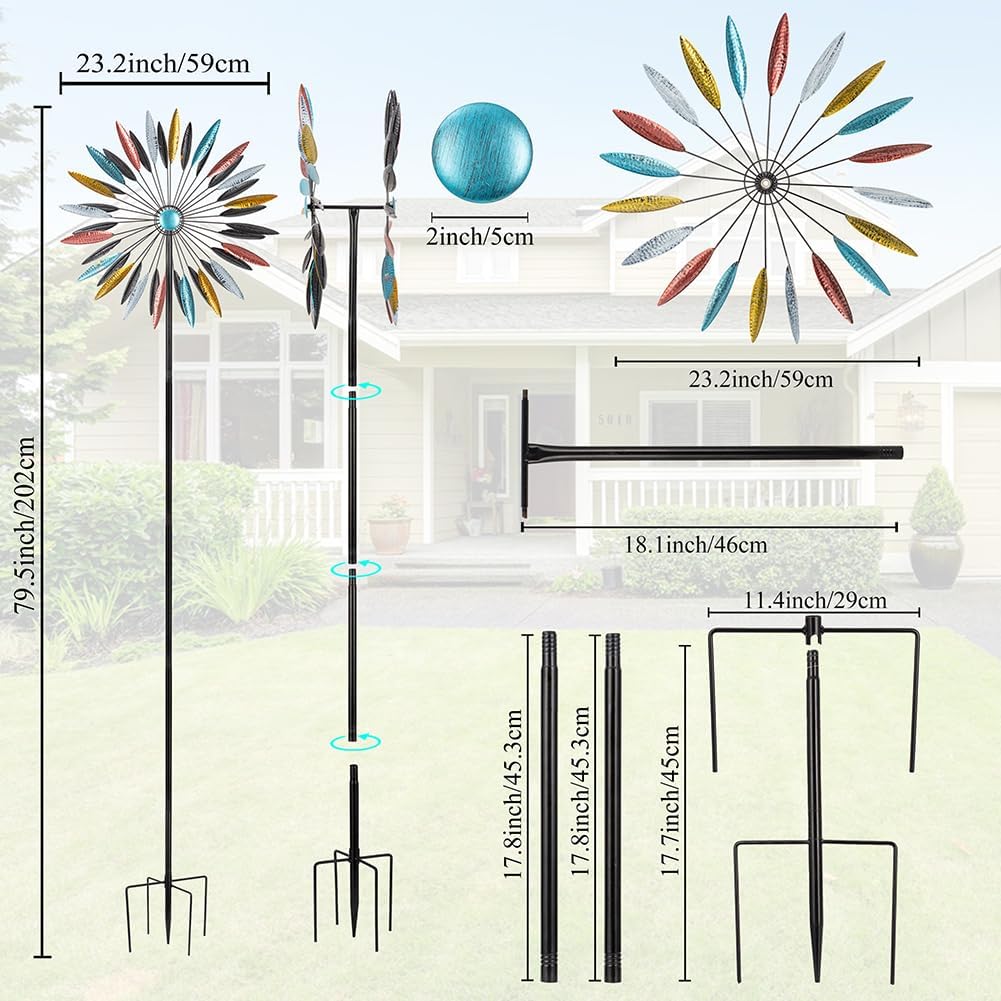 DREAMYSOUL Wind Spinner Outdoor, 23" Dia Dual Colorful Blades Metal Windmills, Kinetic Wind Spinners & Sculpture for Yard and Garden