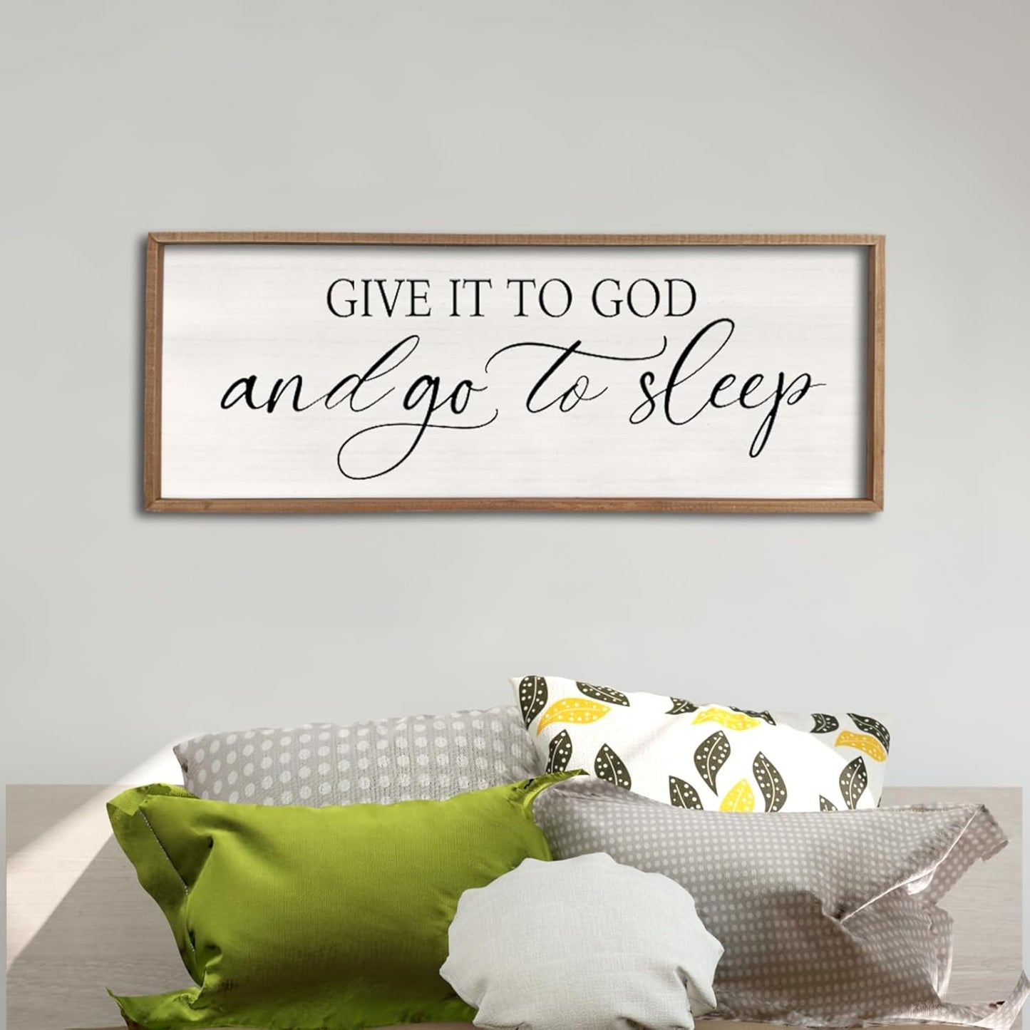 comurdyo Give It To God And Go to Sleep Sign 40''×15'' Master Bedroom Above Bed Wall Decor Wood Framed Couple Large Farmhouse Guest Room Rustic Simple Over Bedside Wall Art Hanging Decor (Wood)