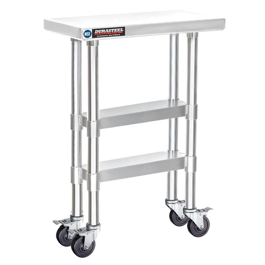 DuraSteel Stainless Steel Work Table 24" x 12" x 34" Height w/ 4 Caster Wheels - Food Prep Commercial Grade Worktable - NSF Certified - Good for Restaurant, Business, Warehouse, Home, Kitchen, Garage