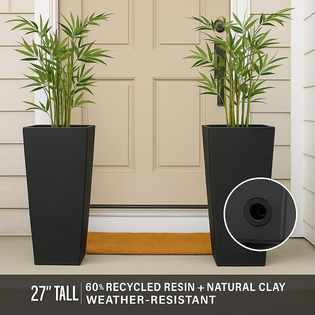 GreenShip 27" Tall Planters, Set of 2 – Black Outdoor Planter for Front Porch & Tall Plants, Weather-Resistant, with Drainage Hole & Rubber Plug (No Plants Included) (Black-2pcs)