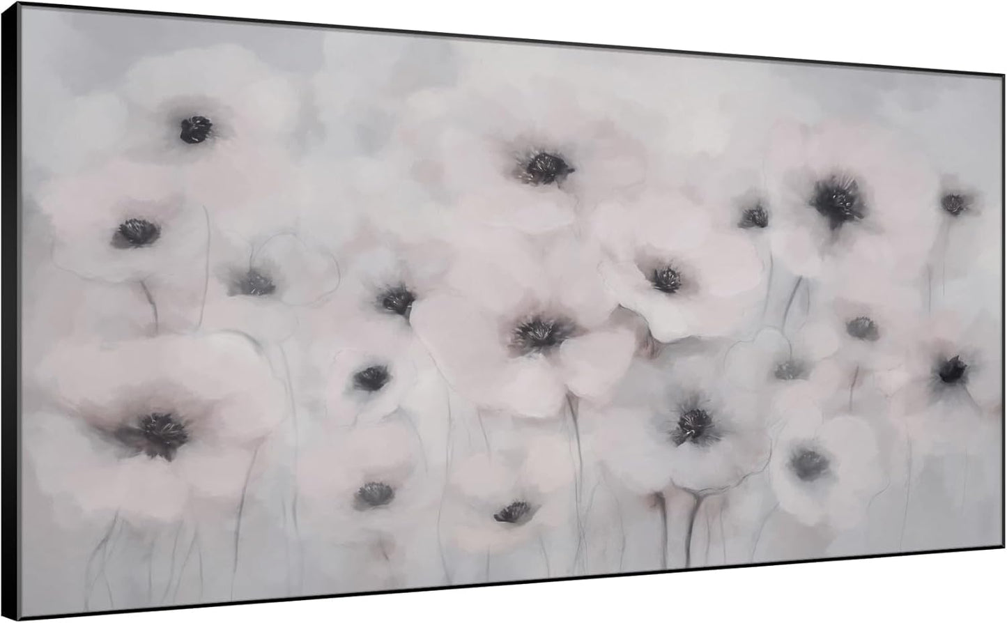 24"x46" Extra Large Framed Wall Art Soft White Poppies Watercolor Floral, Delicate Botanical for Home Living Room Bedroom Decor (Frame Assembly Required)