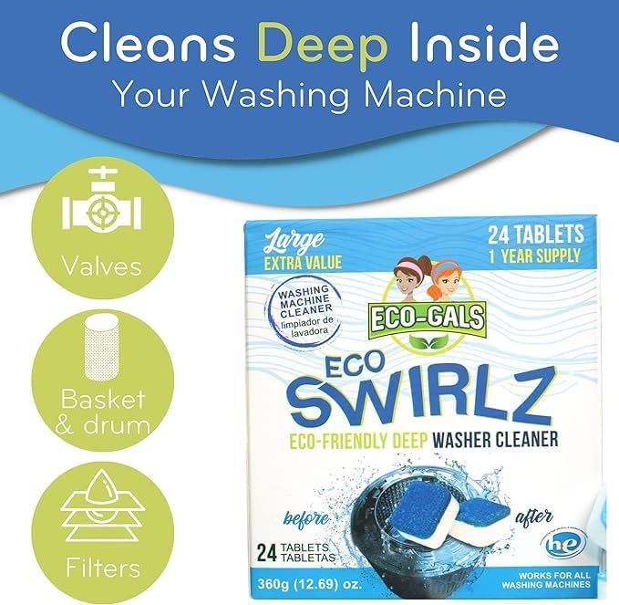 Washing Machine Cleaner and Deodorizing Tablets For Front & Top Load Washers Including H.E. to Remove Odor causing build-up, Pet Hair, & debris from drum, pipes, and filter.