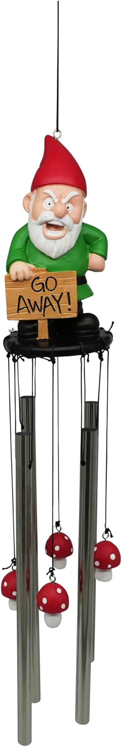 Funny Gnome Wind Chime for Garden or Porch – Peeved Garden Gnome Holding 'Go Away' Sign – Outdoor Yard Décor with Stainless Steel Tubes & Resin Mushroom Strikers – Hilarious Gift Idea