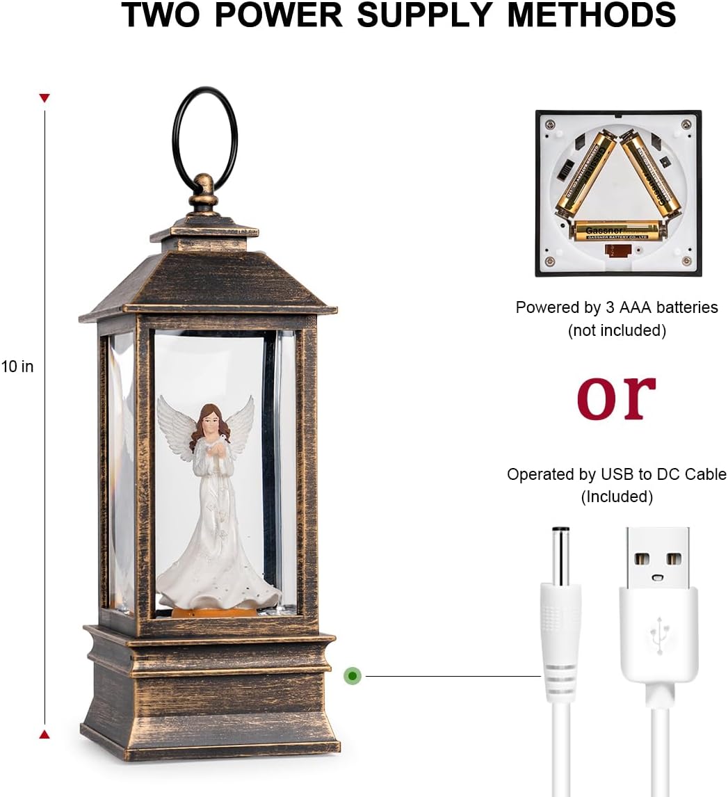 10'' Musical Snow Globe Lantern Lighted Angel with Dove Water Lantern Swirling Glittering Home Decoration and Gift, Battery Operated or USB Powered