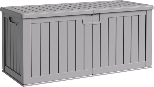 Flamaker Resin Deck Box 250 Gallon, Waterproof Imitation-Wood Lockable Storage Box with Separator Plate Outdoor Indoor, Garden, Patio Furniture for Tools&Pool Accessories (Gray)