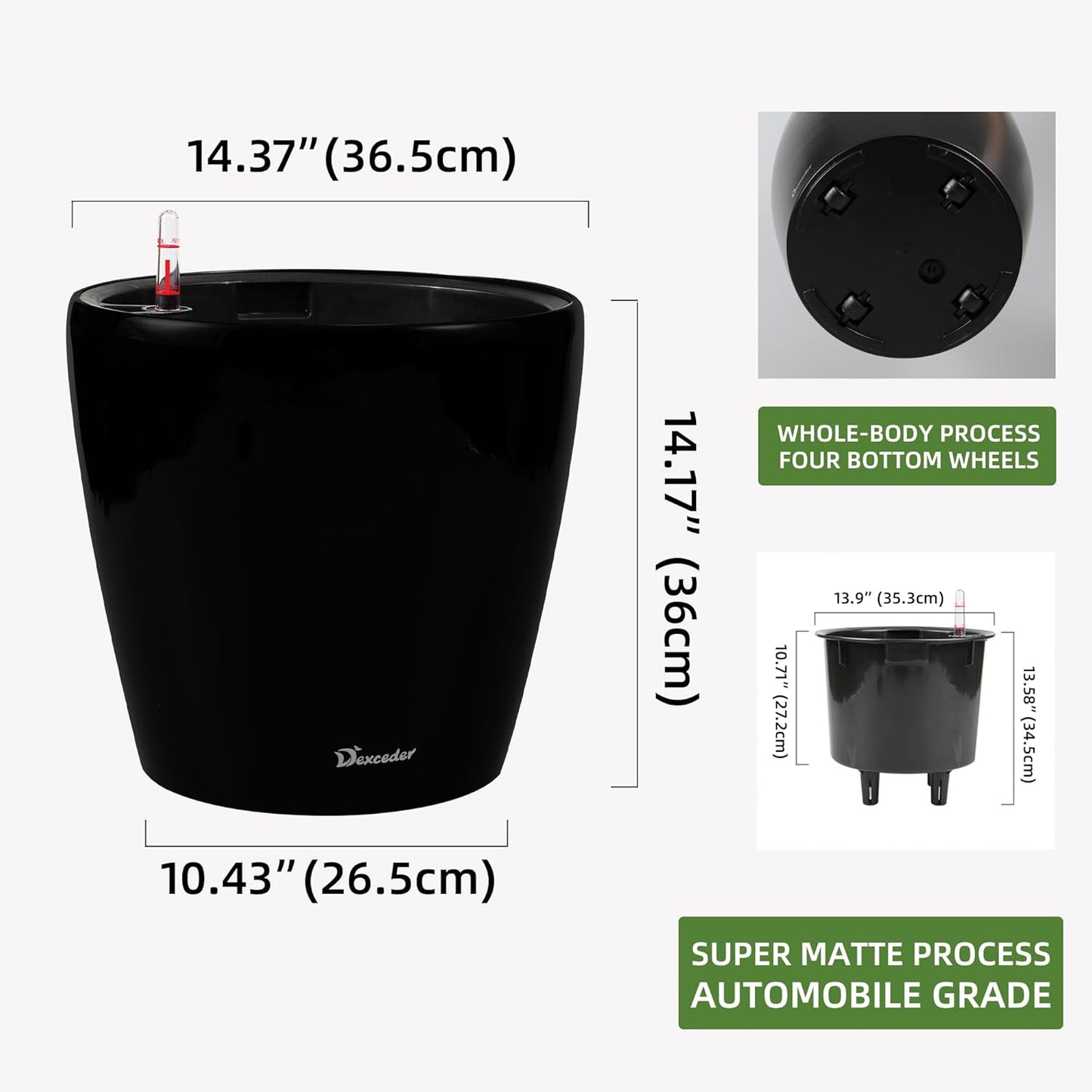 Dexceder 15x14 Self Watering Planter with Wheels Indoor Outdoor, Inner Pot Design, Thickened Large Floor Standing Flower Plant Pot with Water Level Indicator (Black Matte)