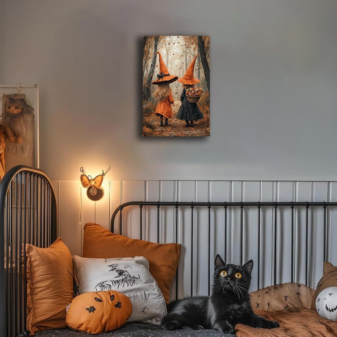 Fall Wall Art Witch Picture Decor,Little Girl Witch Halloween Wall Art, Vintage Autumn Whimsical Woodland Forest Picture, Family Room Nursery Playroom Children Room Decoration,12"x18" Framed