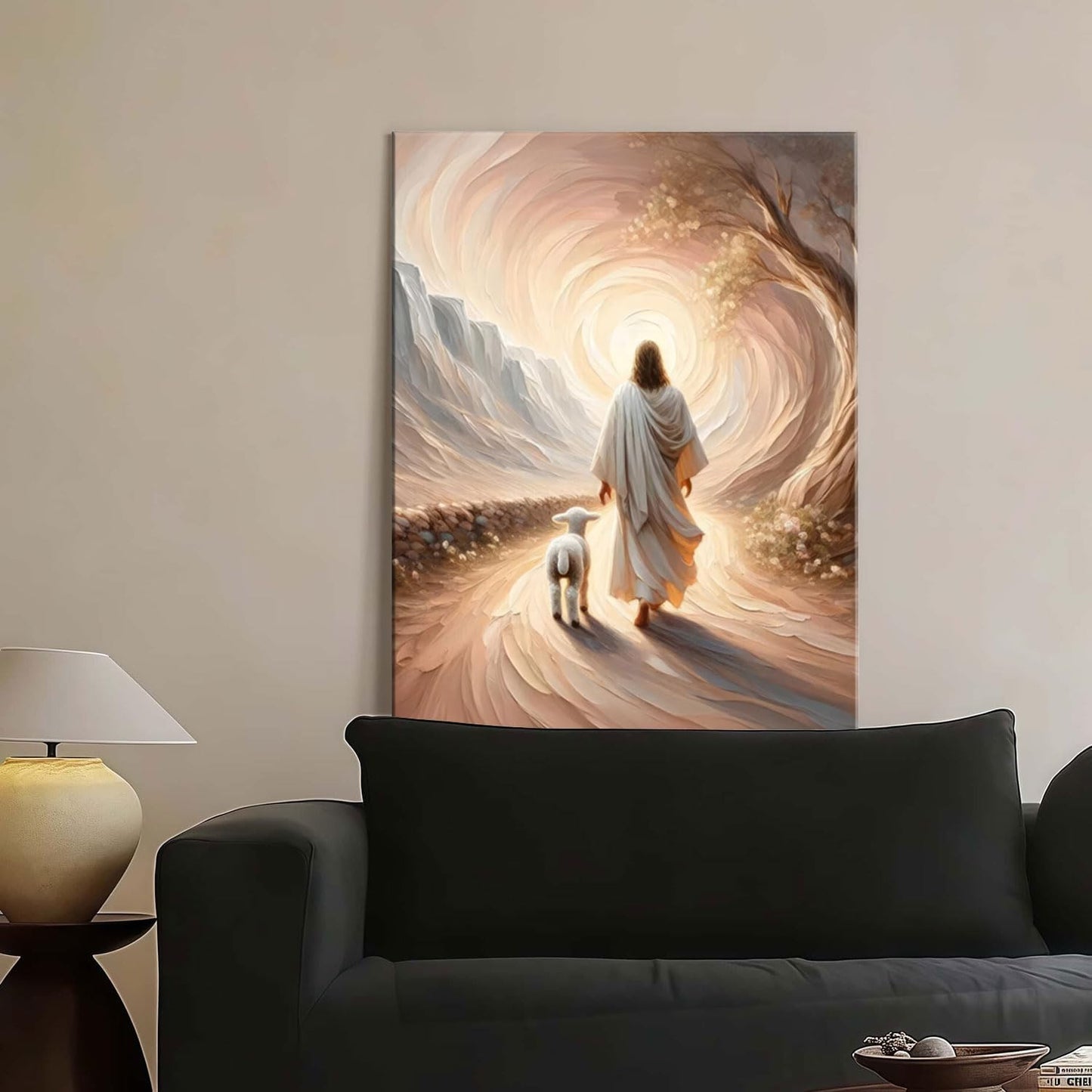 Framed Canvas Jesus and Lamb Wall Decor Wall Art Gallery Decoration Unique Print Wall Decor for Living Room Bedroom Church Home Decor 16x24 Inch Ready to Hang