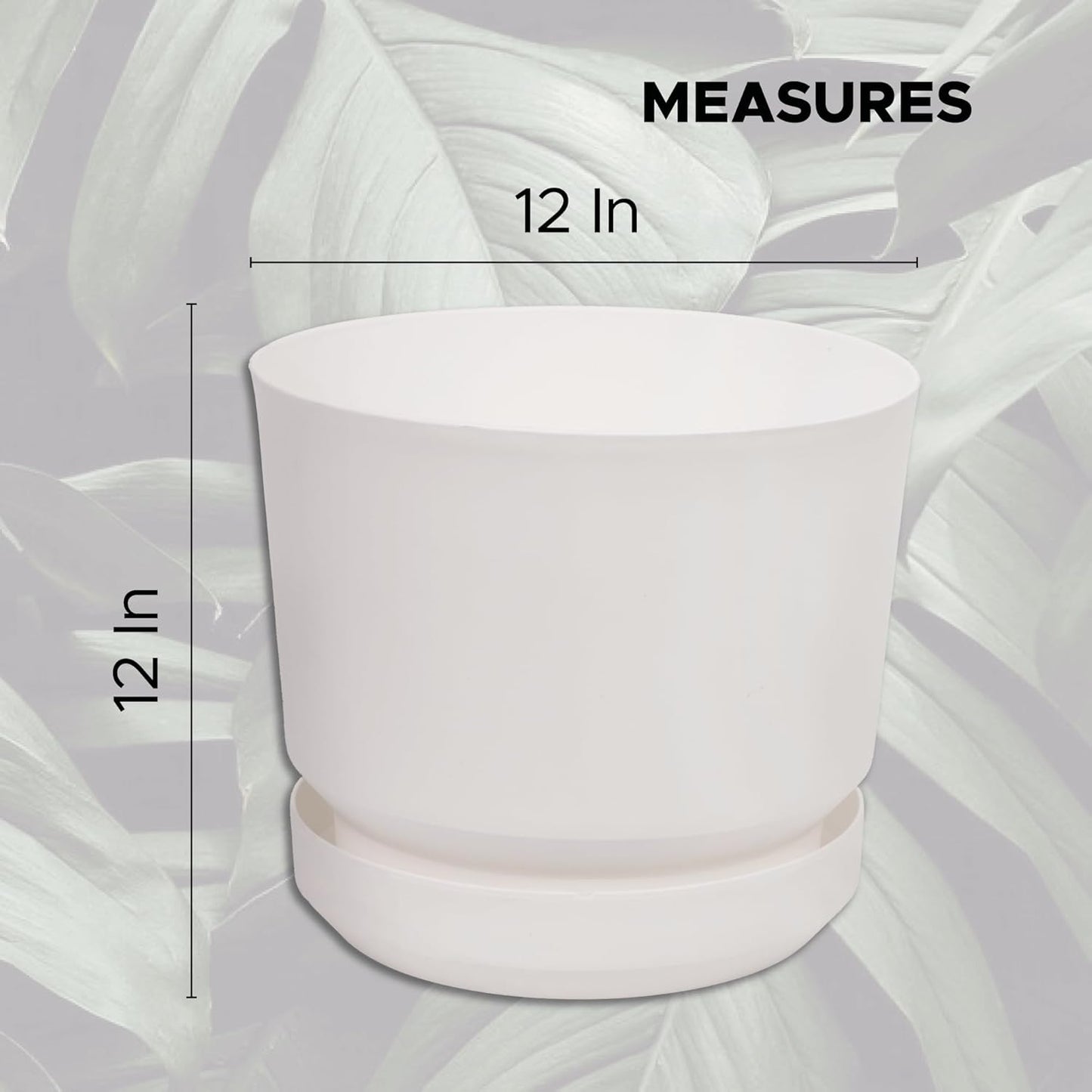 Elly Décor 12 inch Plastic Cylinder Planter Pot with Self-Watering Saucer and Drainage Hole,Lightweight & Extremely Durable, 12"x 12", White