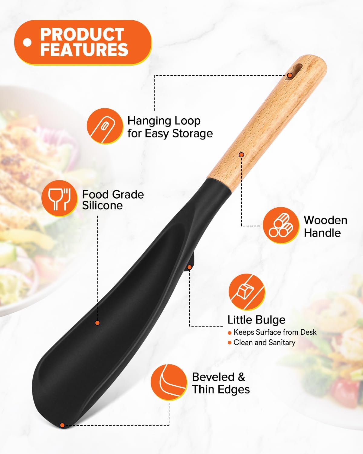 Cooking Spoon and Scraper for Nonstick Cookwares, Great for Cooking and Serving Durable BPA-Free Matte Silicone, Wood Handle Multifunction Spoon for Mixing, Scoop, and Scrape (BLACK)