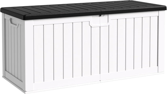 Flamaker Resin Deck Box 250 Gallon, Waterproof Imitation-Wood Lockable Storage Box with Separator Plate Outdoor Indoor, Garden, Patio Furniture for Tools&Pool Accessories (White with Black Cover)