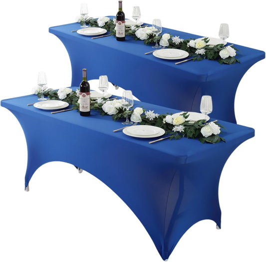 Craft And Party 2 Pack 8ft Royal Blue Spandex Tablecloth – Fitted Stretch Cover – Universal Fit for Folding Tables – Wrinkle-Free, Washable – Ideal for Parties, Weddings, Events
