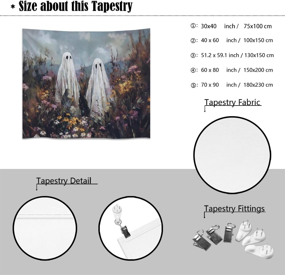Halloween Ghosts in Wildflowers Tapestry Wall Hanging Spooky Cute Ghost Floral Tapestries Victoria Moody Artwork Aesthetic Print for Goth Living Room Bedroom wall Decor 30x40inch