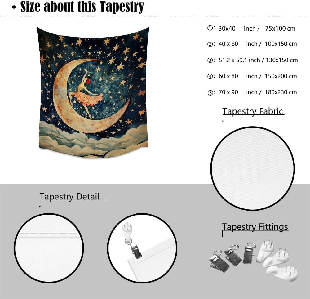 Dancer on the Moon Tapestry Starry Night Sky Art Print Dark Academia Gothic Aesthetic Wall Hanging Stars Moon Clouds Tapestries Whimsical Wall Decor for Nursery Bedroom 50x60inch