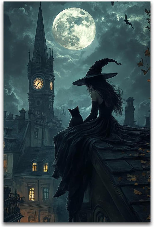 Halloween Witch Black Cat Wall Art,Magical Moon Witch on Roof with Black Cat at Night Scene Painting Haunting Dark Witches Canvas Print for Haunted House Party Decor Poster,16"x24" Unframed