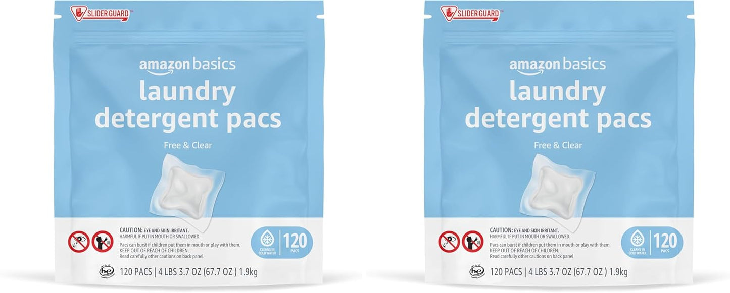 Amazon Basics Laundry Detergent Pods, 120 Pacs for 120 Medium Loads, Free & Clear, (Previously Solimo) (Pack of 2)