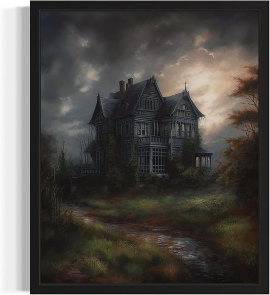 Haunted House Poster Art Print, Halloween Scary Vintage Wall Art Academia Spooky Painting Decoration for Horror Prints, Gothic Posters Bedroom Decor 89 (Haunted House, 8 x 10 inches, Unframed)