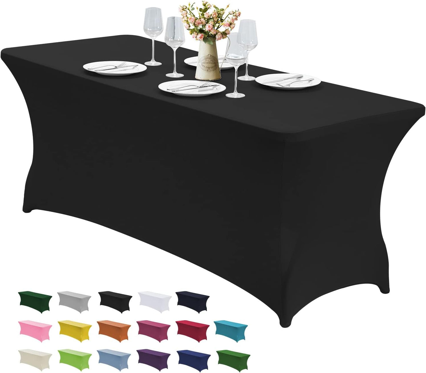 CWK 4FT Waterproof Stretch Spandex Table Cover for Rectangular Tables - Elastic Fitted Tablecloth for Folding Tables,Wrinkle Resistant Table Cloth for Parties, Weddings, Banquets & Events (Black)