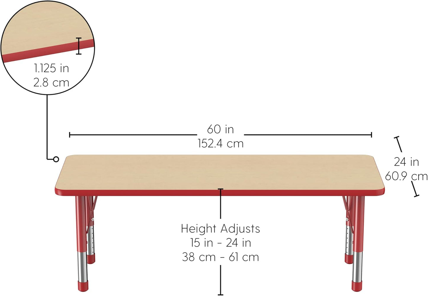 FDP Rectangle Activity School and Classroom Kids Table (24 x 60 inch), Chunky Toddler Legs, Adjustable Height 15-24 inches - Maple Top and Red Edge