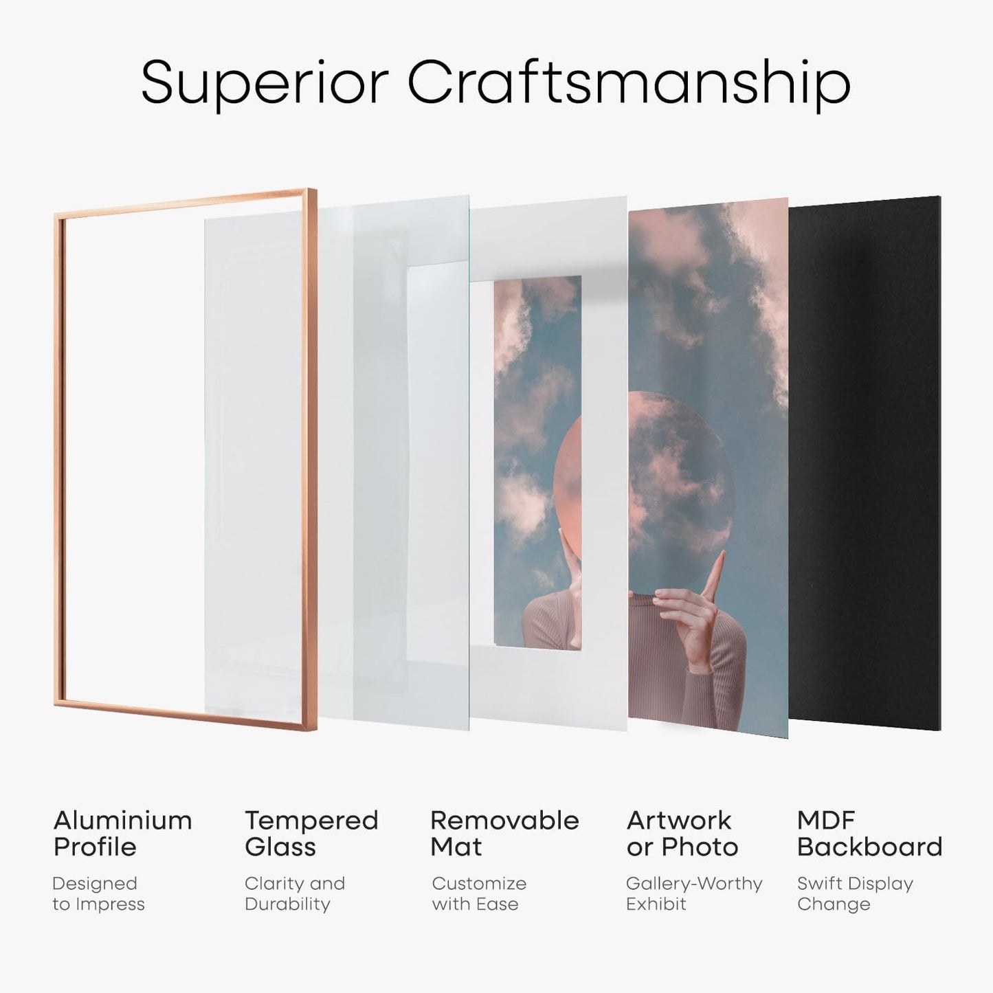 Homeforia 10x10 Picture Frame Rose Gold, High End Metal 10 by 10 Square Frames with Mat 8 x 8 Photo, 10by10 Poster Frame Matted to 8x8 Print, Wall or Tabletop Frame, Tempered Glass, Wall Kit, Set of 1