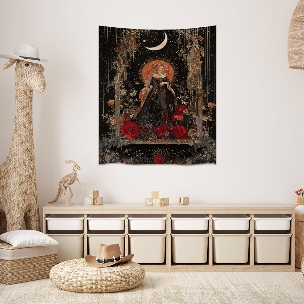 Dark Academia Moon Goddess Tapestry Gothic Fantasy Rose Wall Art Mystical Witchy Woman Print Victorian Artwork Aesthetic Tapestries Wall Hanging for Girls Room Bedroom Decor 50x60inch