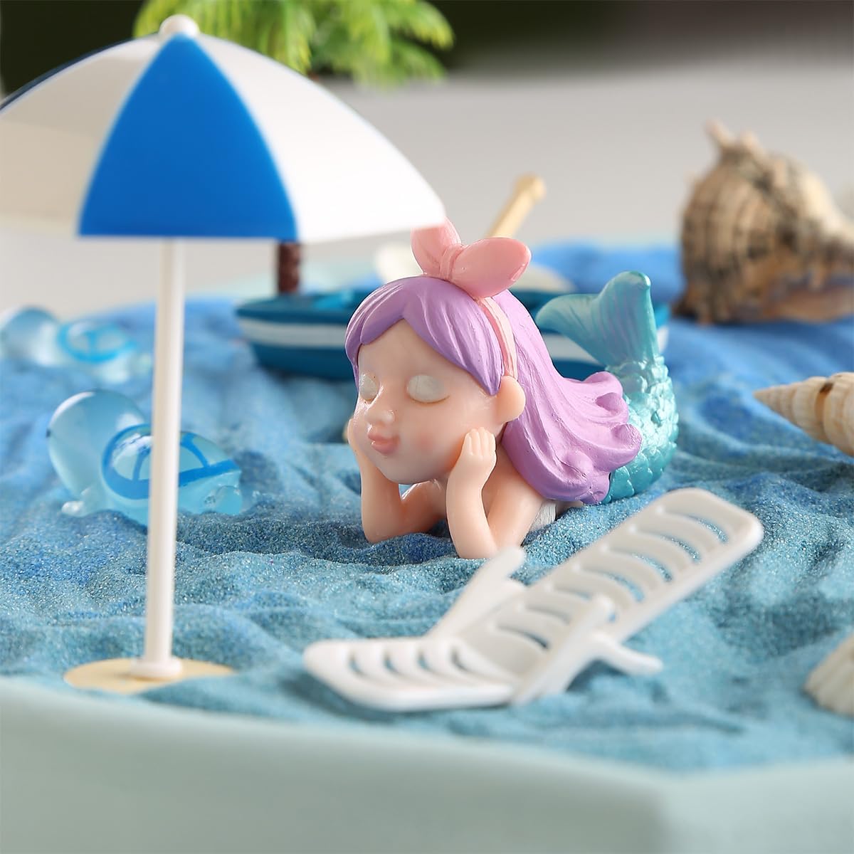 Desktop Zen Garden Kit - Ocean Themed Decor Sand, Natural Shells Starfish Conch, Mermaid Resin Summer Beach Desktop Decorations, Office Desktop Decoration Gift (Blue)