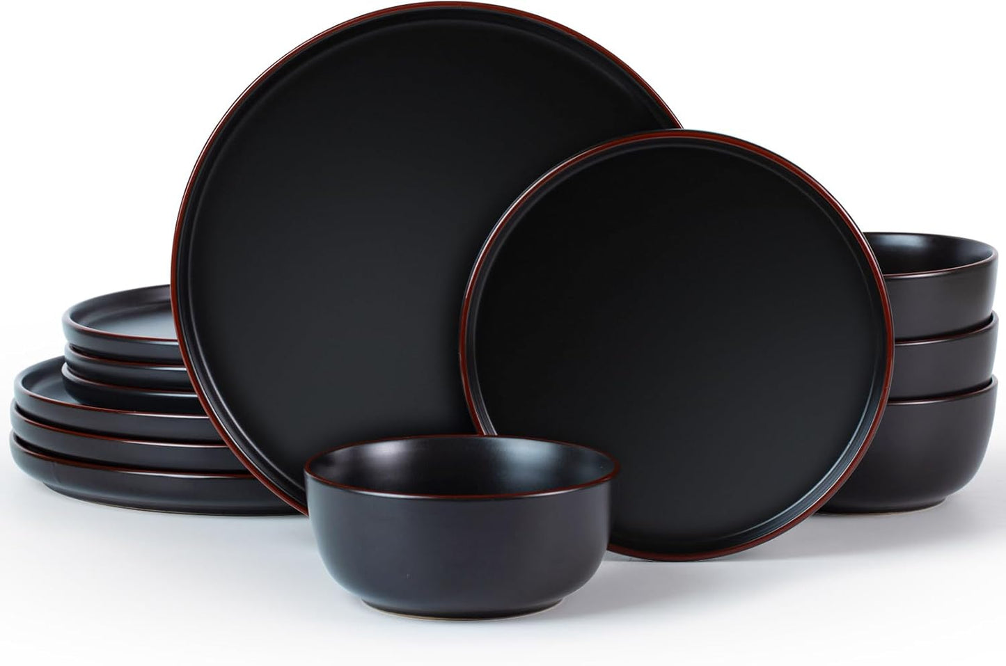 Famiware Mercury Plates and Bowls Sets, 12 Pieces Stoneware Dinnerware Sets, Dishes Set for 4, Microwave and Dishwasher Safe, Black