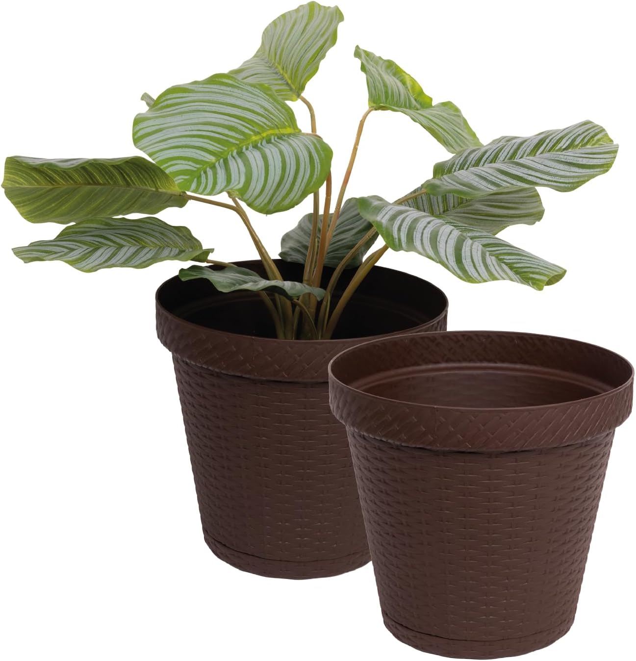 Elly Décor Set of 2 12 inch Round Saucer Modern Self Watering Planter Plates, Pots with Rattan-Like Finish, 12x12 Chocolate Brown