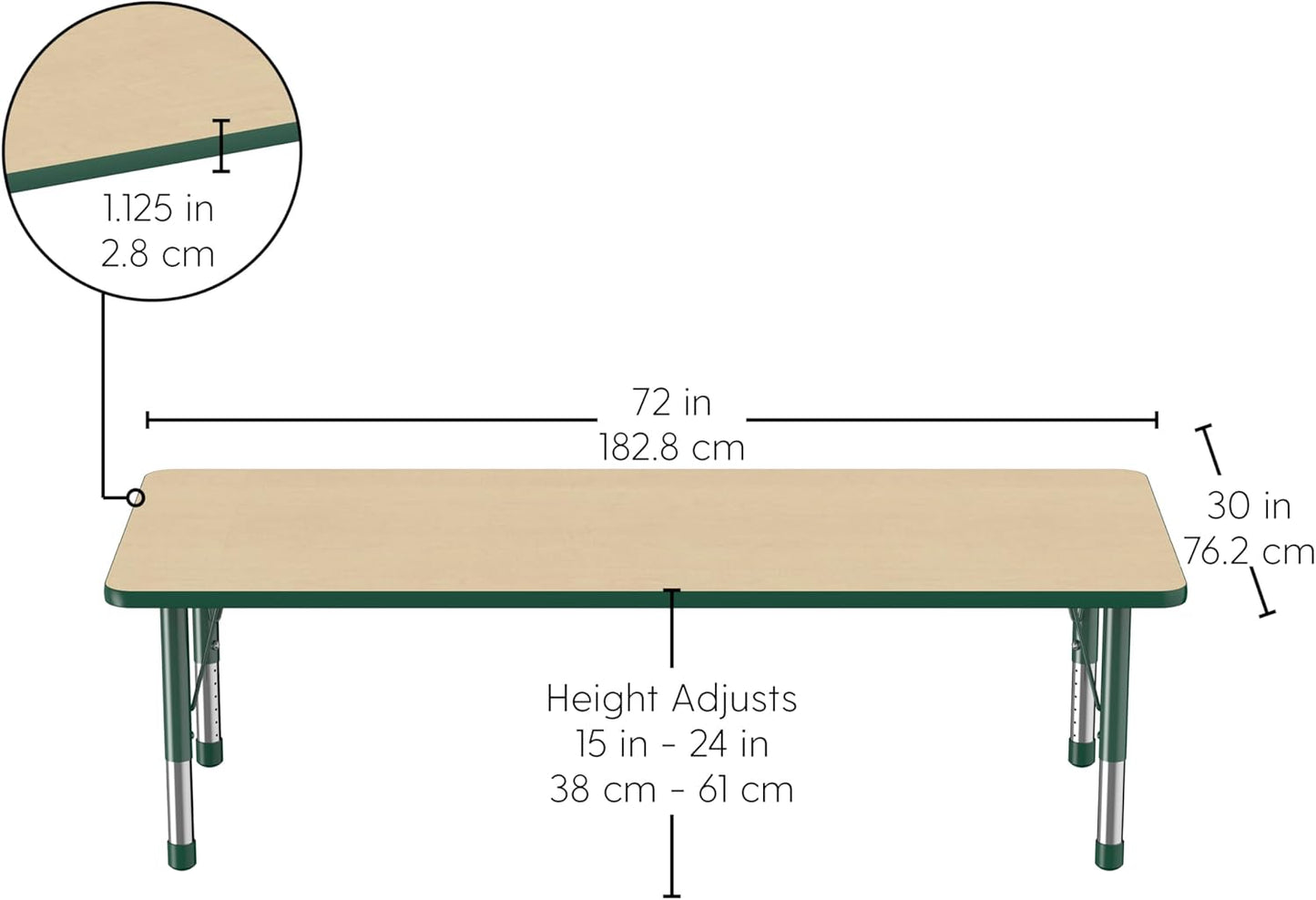 Factory Direct Partners FDP Rectangle Activity School and Classroom Kids Table (30 x 72 inch), Chunky Toddler Leg, Adjustable Height 15-24 inches - Maple Top and Green Edge