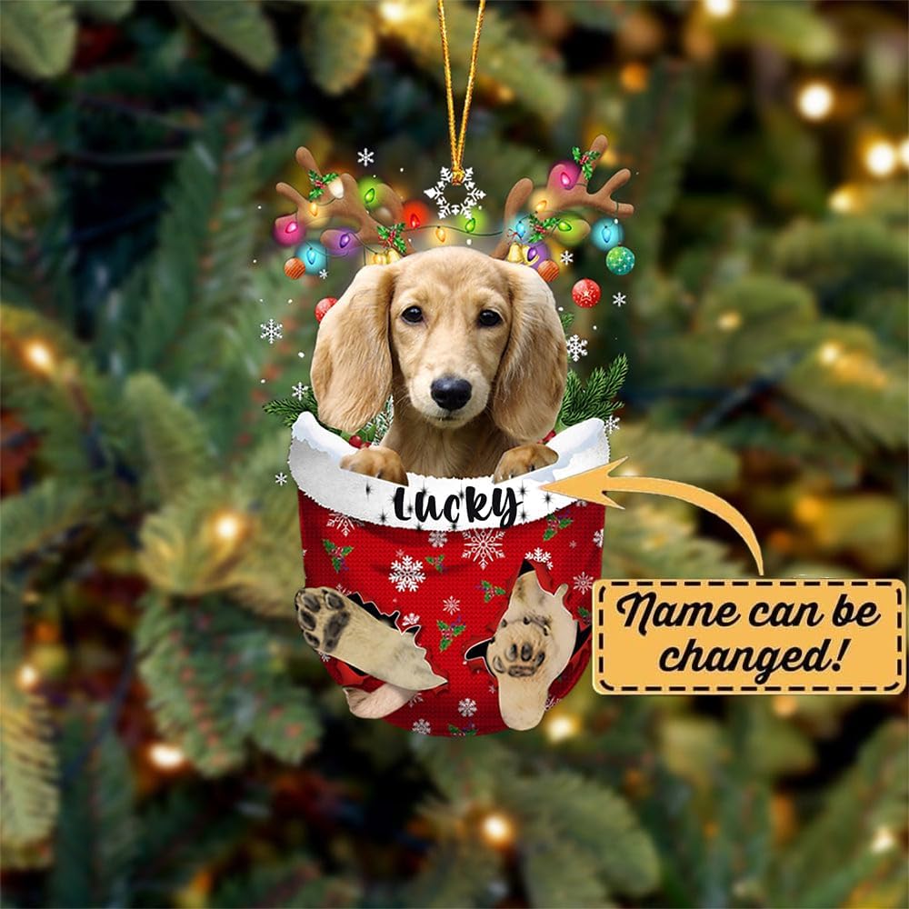 Cream LNG Haired Dachshund Dog Christmas Ornament, Cream LNG Haired Dachshund in Snow Pocket Christmas Tree Ornament, Dog Lovers Gift Idea Xmas Decor, Christmas Decorations for Tree