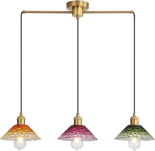 3-Light Pendant Lights Kitchen Island, Ceiling Hanging Lighting Fixtures, Colorful Vintage Glass Shade Pendants, Modern Gold Dining Room Chandeliers Height Adjustable for Farmhouse Living Room