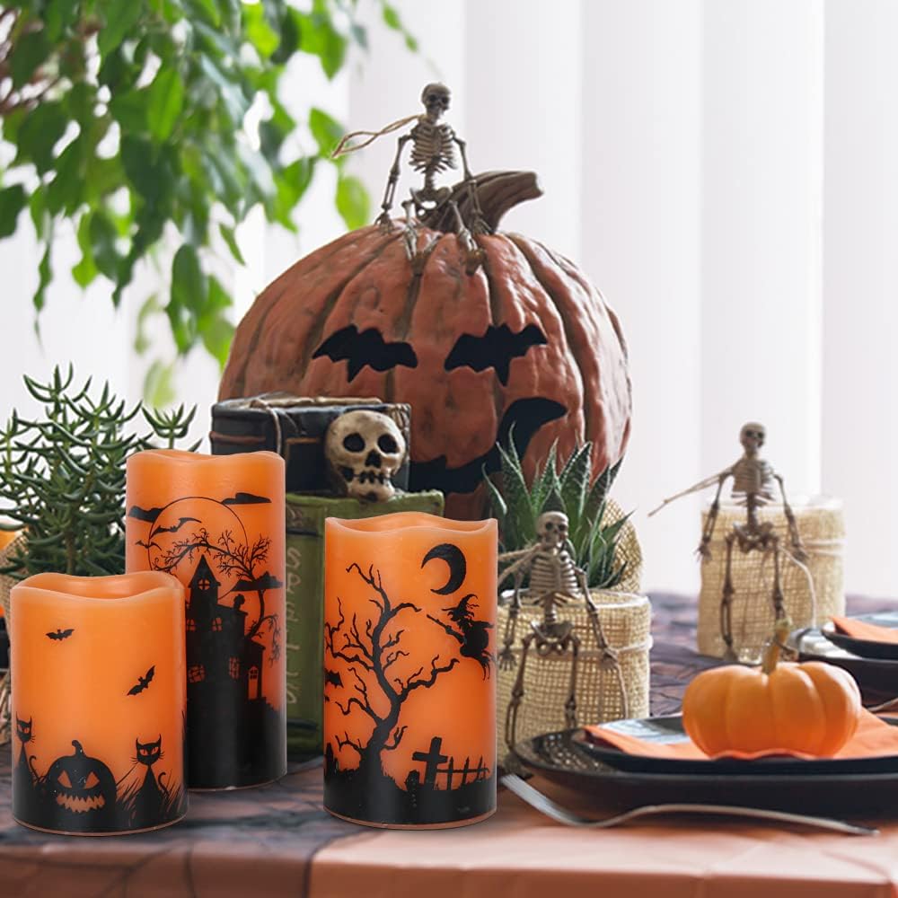 GenSwin Halloween Candles with Timer, Flickering Flameless Candles Battery Operated, 3 Pack Real Wax Pillar Candles for Halloween Home Decorations(D3” x H4”5”6”)
