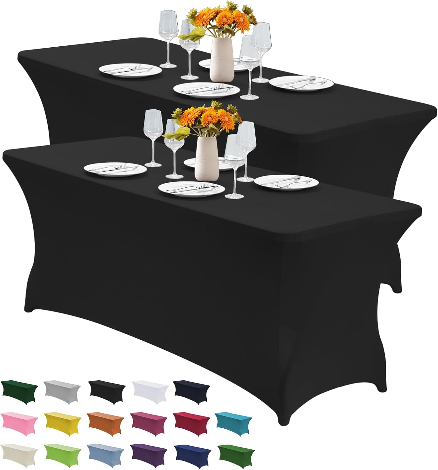 CWK 6FT 2Pcs Stretch Spandex Table Cover for Rectangular Tables - Elastic Fitted Tablecloth for Folding Tables, Wrinkle Resistant, Durable Table Protector for Parties,Weddings,Banquets &Events (Black)