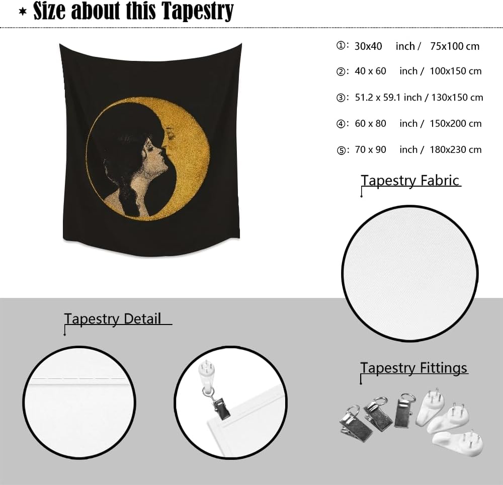 Dark Academia Woman Kissing Moon Art Tapestry Gothic Aesthetic Wall Hanging Witchy Picture Print Moon Goddess Tapestries Wall Decor for Living Room Bedroom Dorm 50x60inch