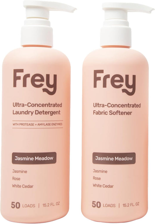 FREY Concentrated Liquid Laundry Detergent | Formulated for Sensitive Skin & HE Washers | Removes Stains Effectively | 50 Loads per Bottle (2-pack Jasmine Meadow)