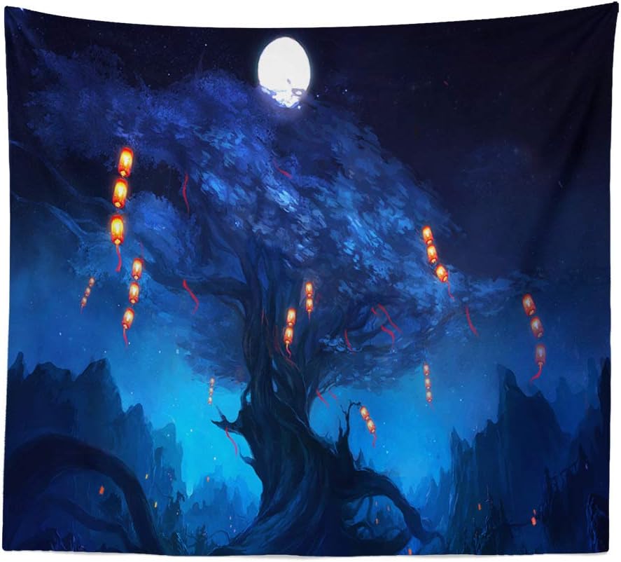 Forest Landscape Tapestry for Living Room & Bedroom - Magic Tapestry (Lanterns Hanging on The Tree, 90.5''L70.8''W)