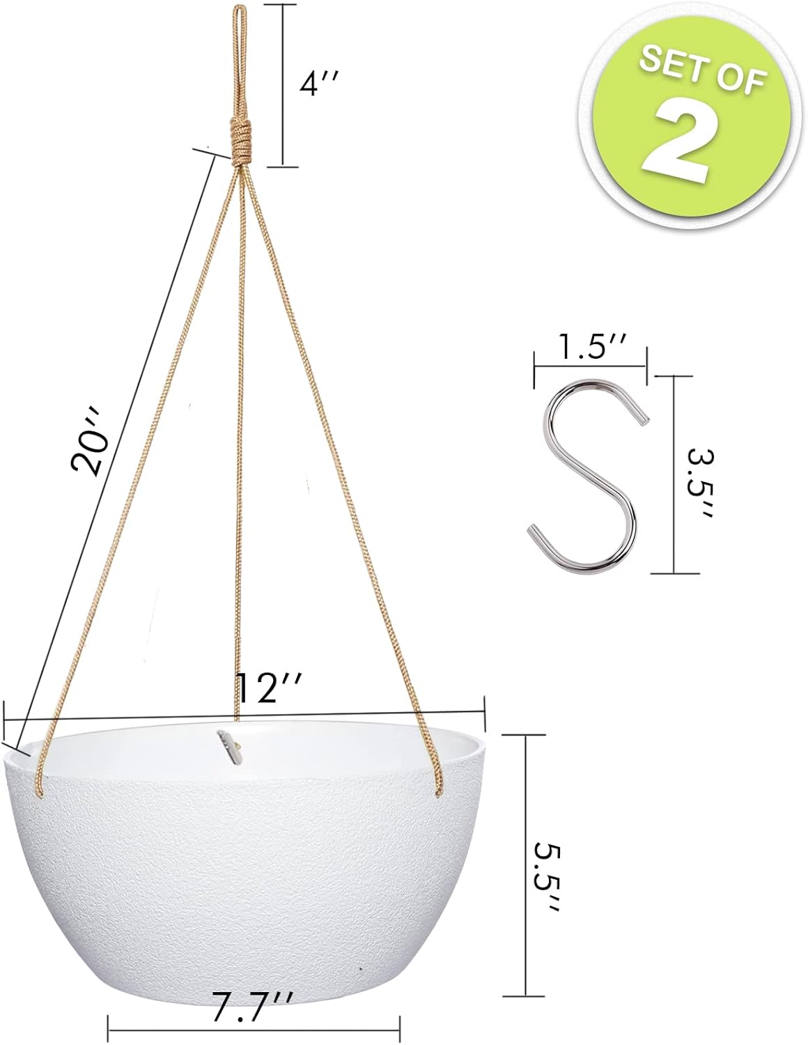 12 Inch 2 Pack Large Hanging Planters for Indoor Outdoor Plants, Plastic Hanging Basket Pots for House Plants Flowers, White