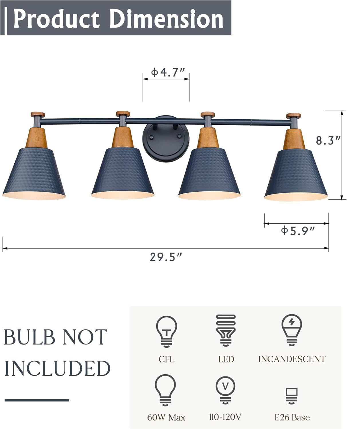 FEMILA 4-Light Bathroom Light Fixtures, Farmhouse Modern Vanity Lights Wall Lamp with Hammered Metal Shade Finish, Dark Blue, 4FG59B-4W Blue