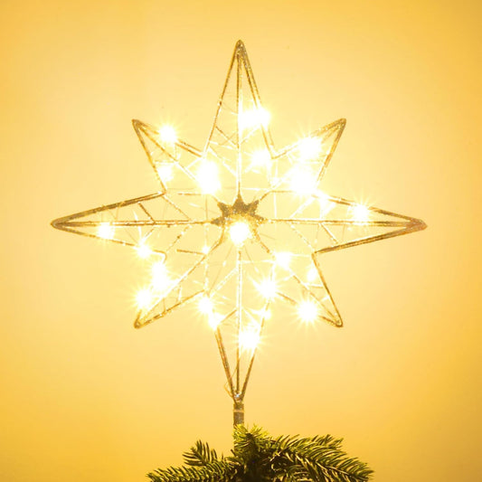 hogardeck Christmas Tree Topper, 11 Inches Lighted Gold Glittered 8-Point Star Tree Topper, 30 LED Sparkling Tree Toppers Christmas Decorations, Battery Powered Timer Xmas Treetop Star Decor