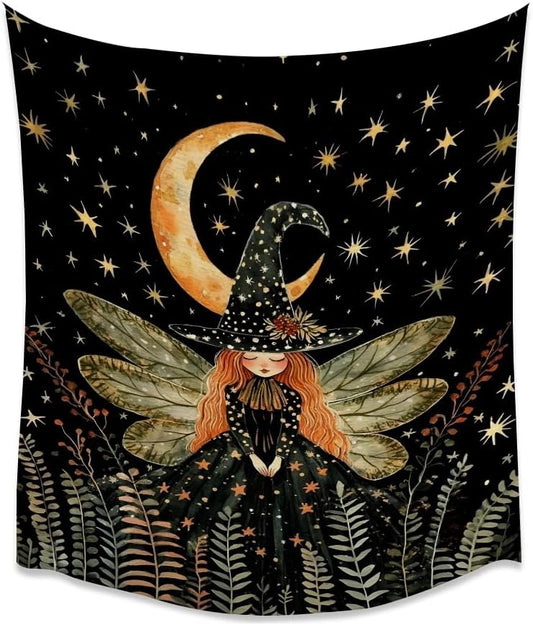 Dark Academia Witch Fairy Tapestry Wall Hanging Magical Moon Starry Night Art Print Halloween Witchy Artwork Aesthetic Wall Tapestries for Girls Bedroom Living Room Dorm Decoration 40x60inch