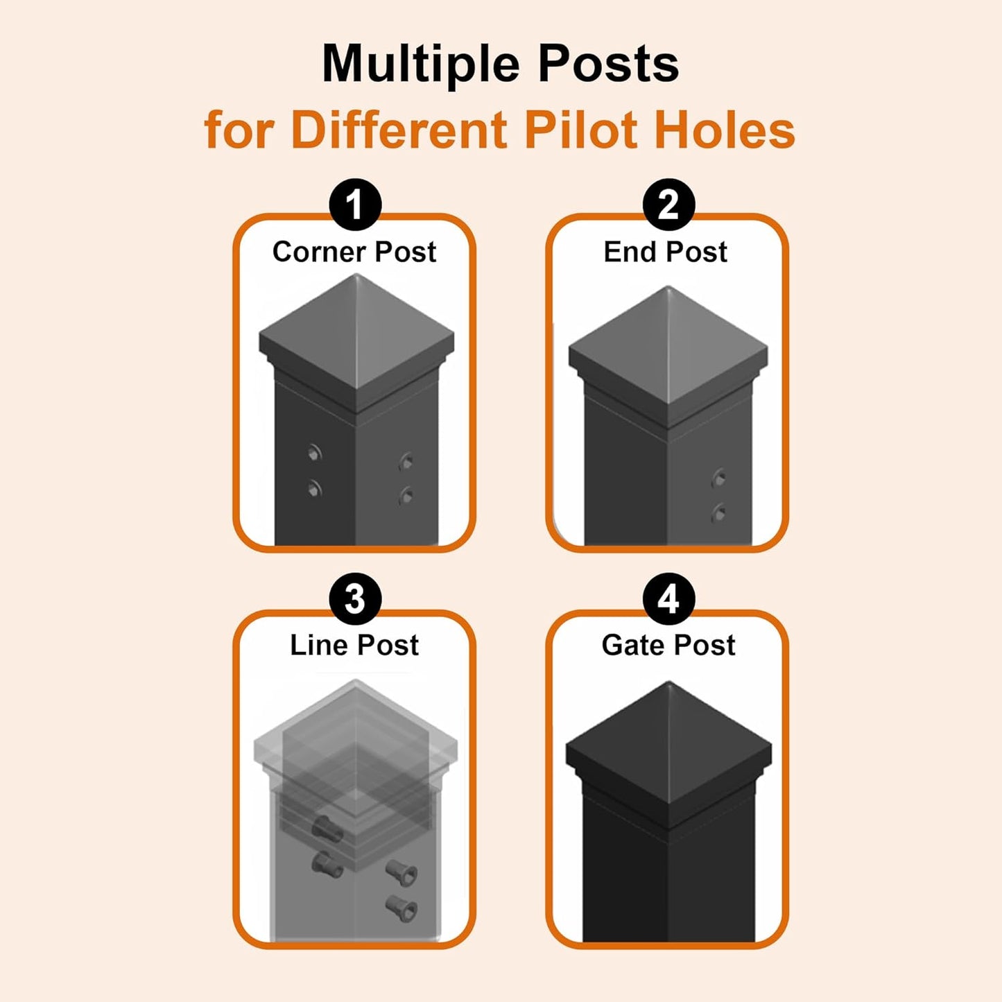 Corner Post for Yard, Garden, Outdoor Fencing – Steel, 2"x2"x78", Black, DIY pre-Drilled 90° Holes, Built-in Rivet Nuts, Soil Installation (1pc)