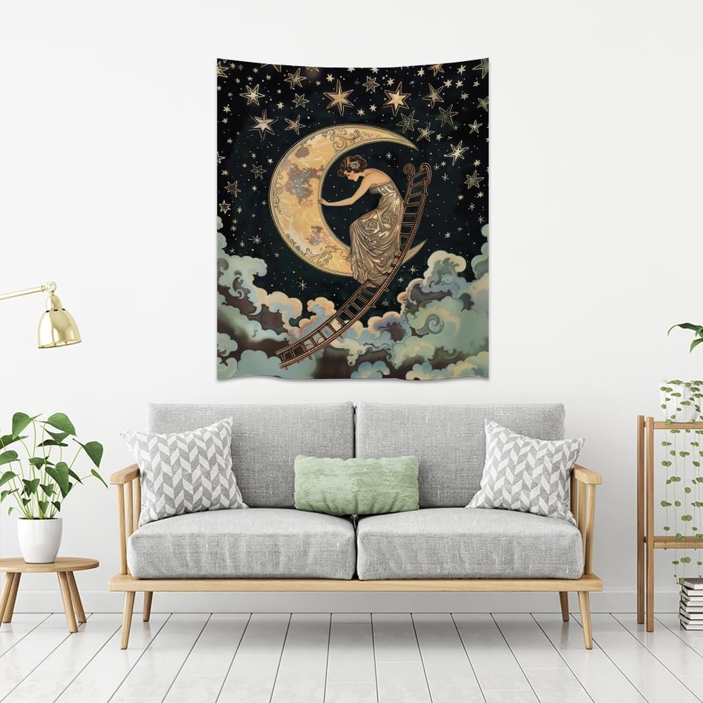 Dark Academia Gothic Aesthetic Tapestry ladder to The Moon and Stars Wall Hanging Print Trendy Vintage Art Nouveau Tapestries Decor for Home Bedroom Living Room 50x60inch